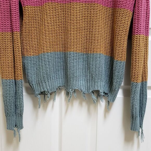 Andree By Unit Sweater Women Large Colorblock Striped Chewed Frayed Boho Grunge - Picture 6 of 9